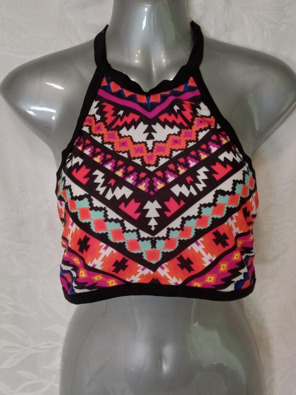 Swim Halter Top Sz M Tribal Geometric Ardene Aztec Multi-Color Orange Black Y2K